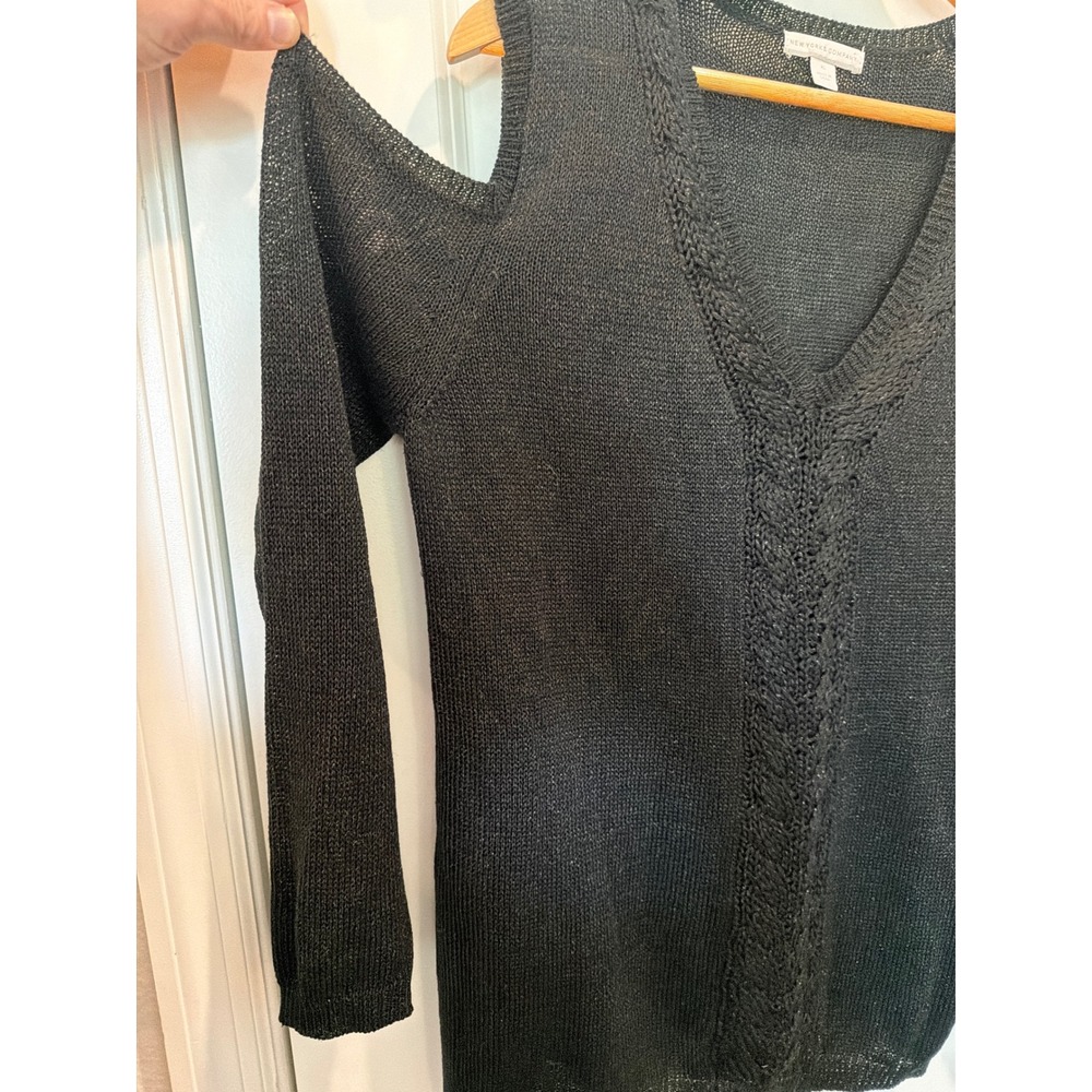New York & Company Black Cold Shoulder Sparkle Knit V-Neck Sweater XL